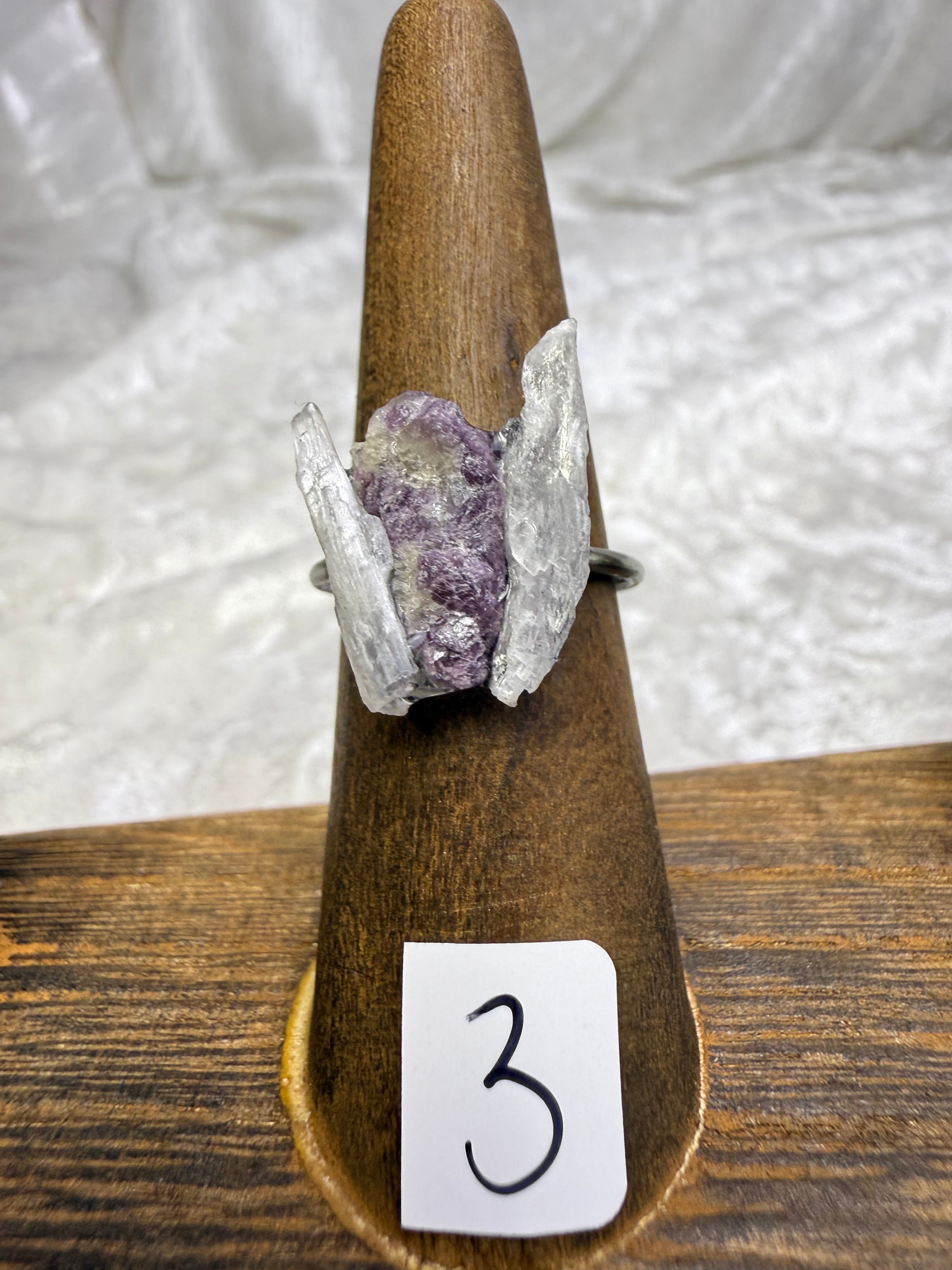 One-of-a-Kind Three Stone Raw Lepidolite & Selenite Ring | Handmade Adjustable Hypoallergenic Crystal Jewelry