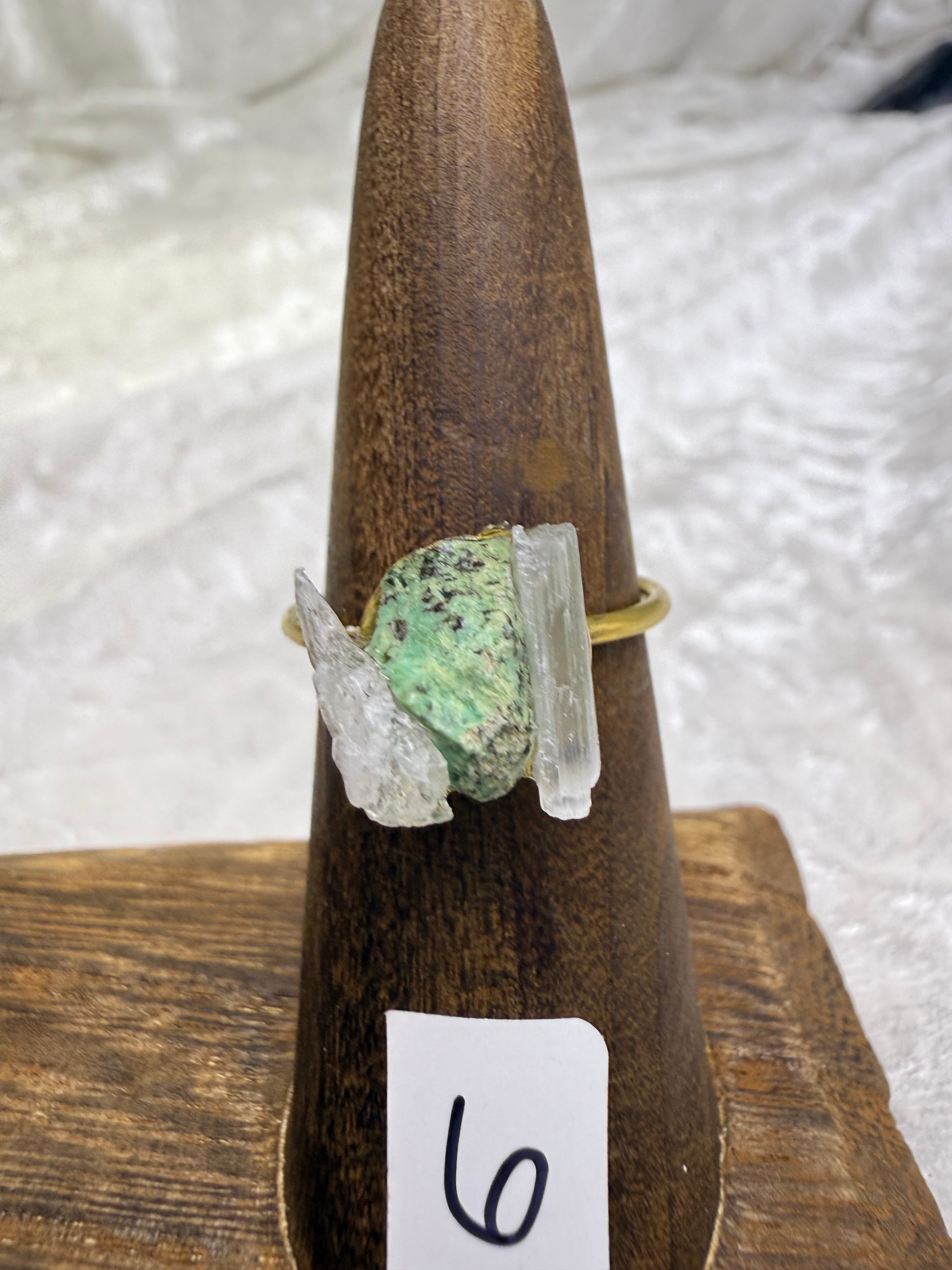 One-of-a-Kind Three Stone Raw Turquoise & Selenite Ring | Handmade Adjustable Hypoallergenic Crystal Jewelry