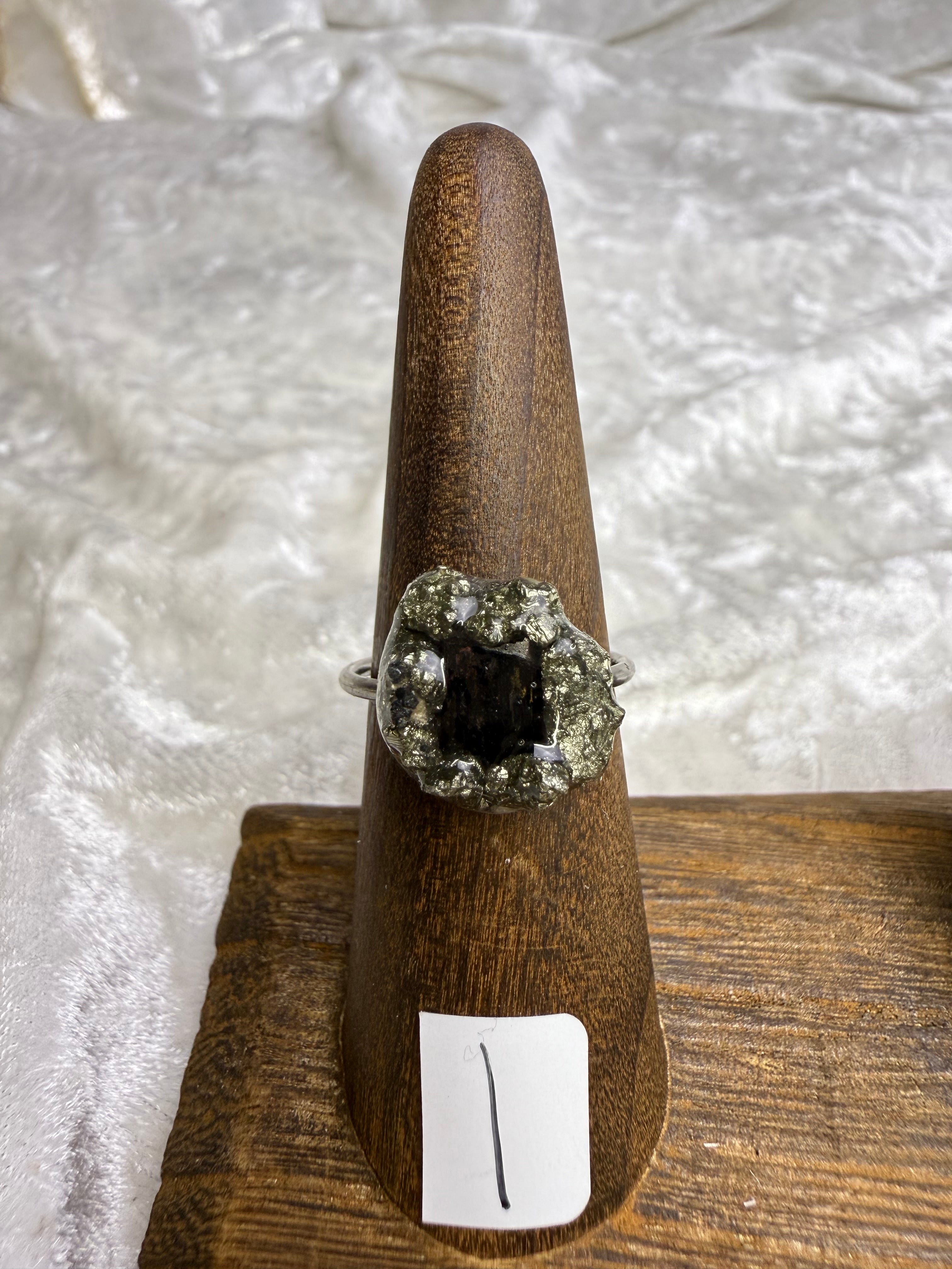 One-of-a-Kind Three Stone Raw Tourmaline & Pyrite Ring | Handmade Adjustable Hypoallergenic Crystal Jewelry