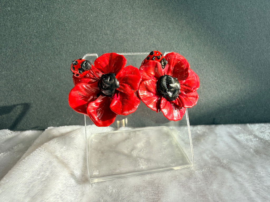 Little Reds with Ladybugs Floral Sculpture Earrings