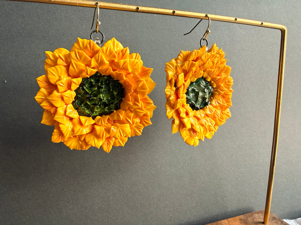 Sunflower Dangle Floral Sculpture Earrings