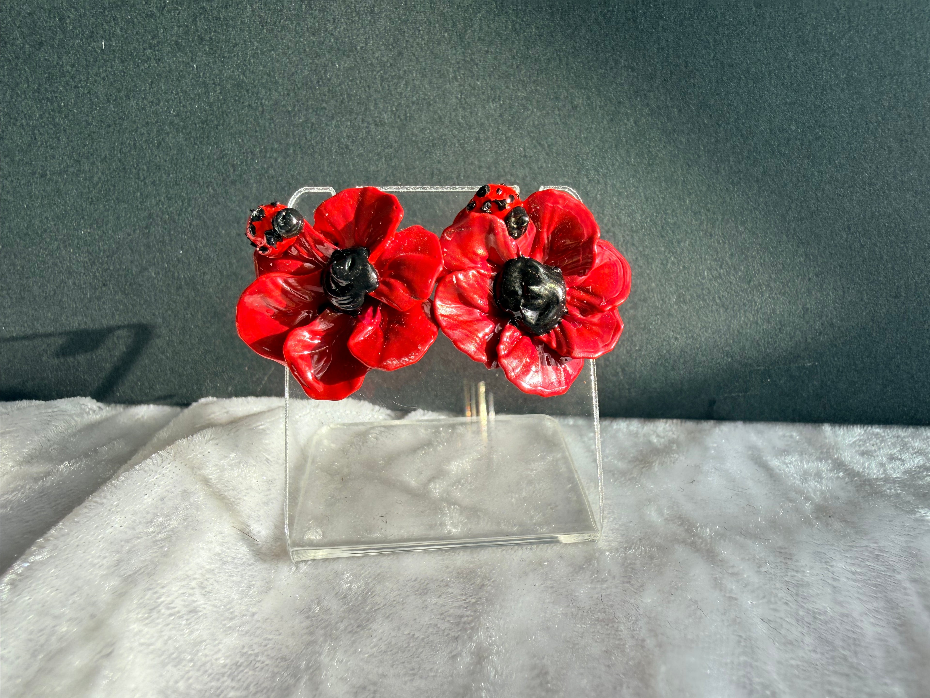 Little Reds with Ladybugs Floral Sculpture Earrings