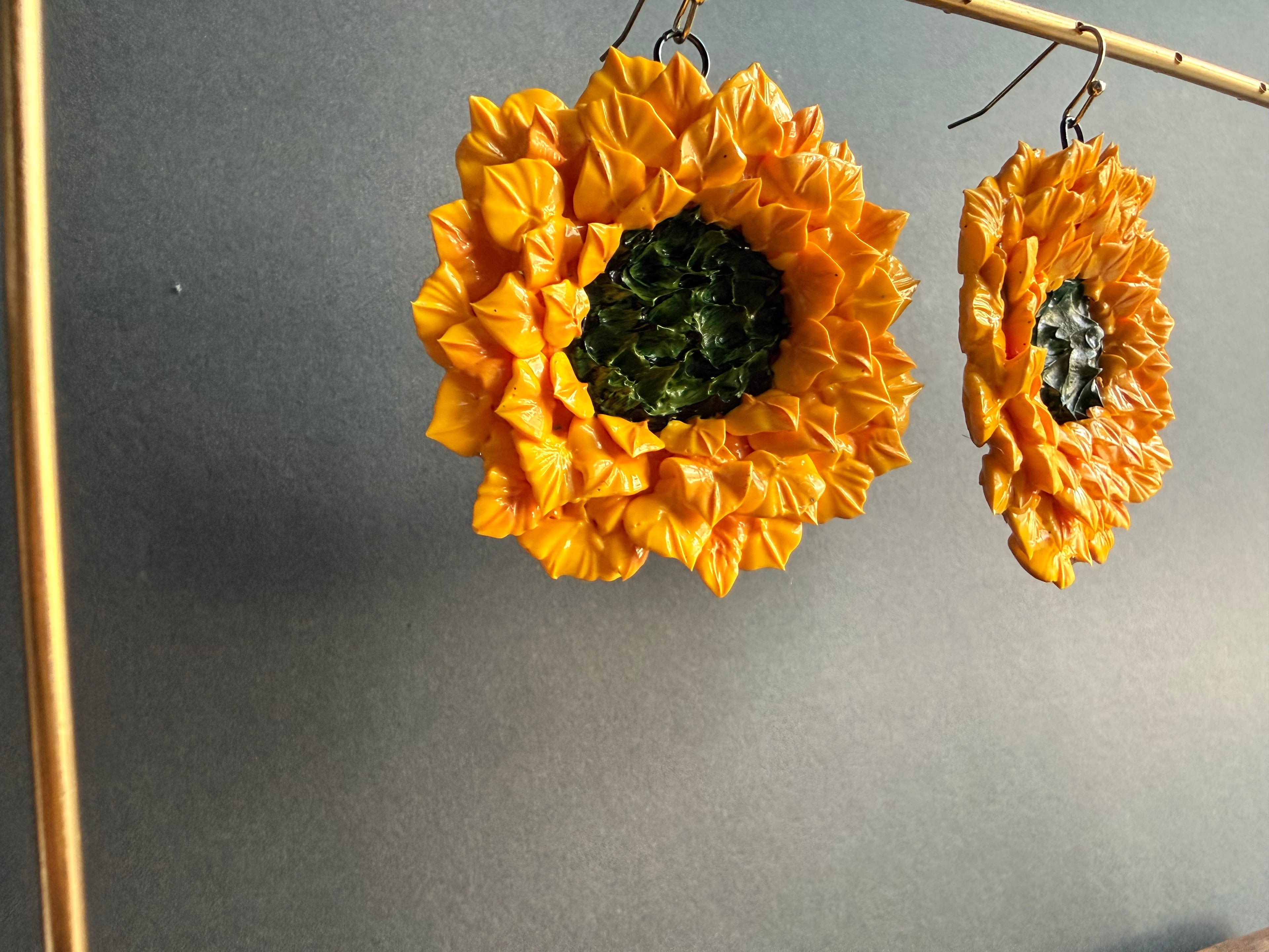 Sunflower Dangle Floral Sculpture Earrings