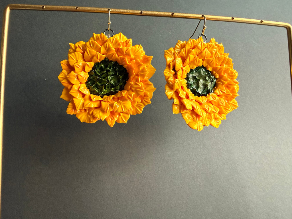 Sunflower Dangle Floral Sculpture Earrings