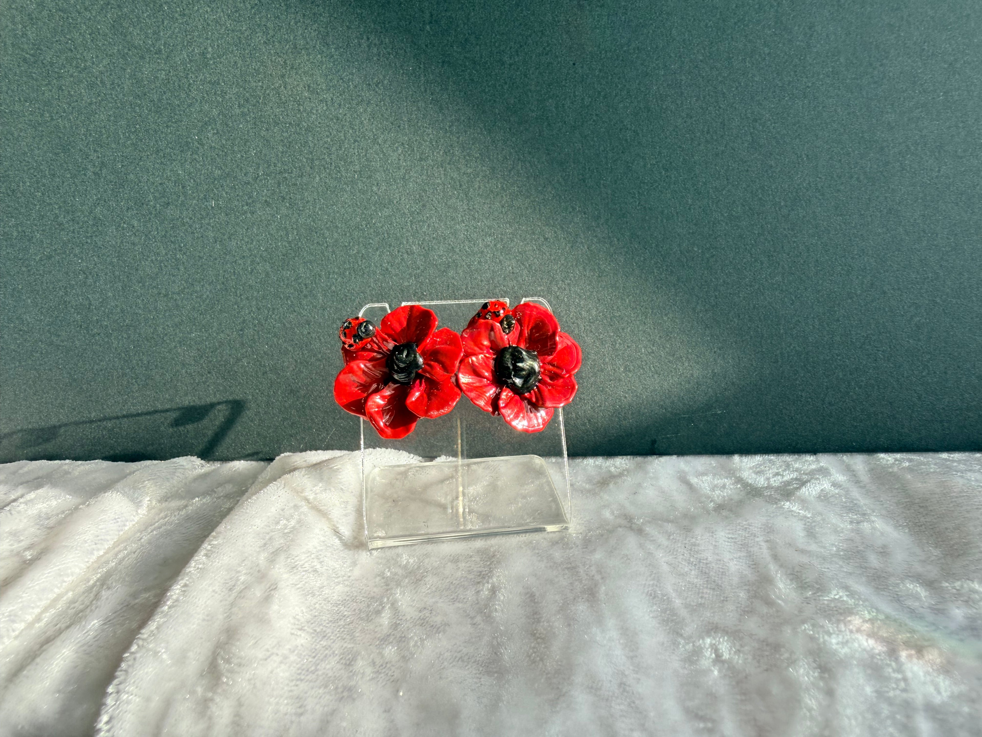 Little Reds with Ladybugs Floral Sculpture Earrings