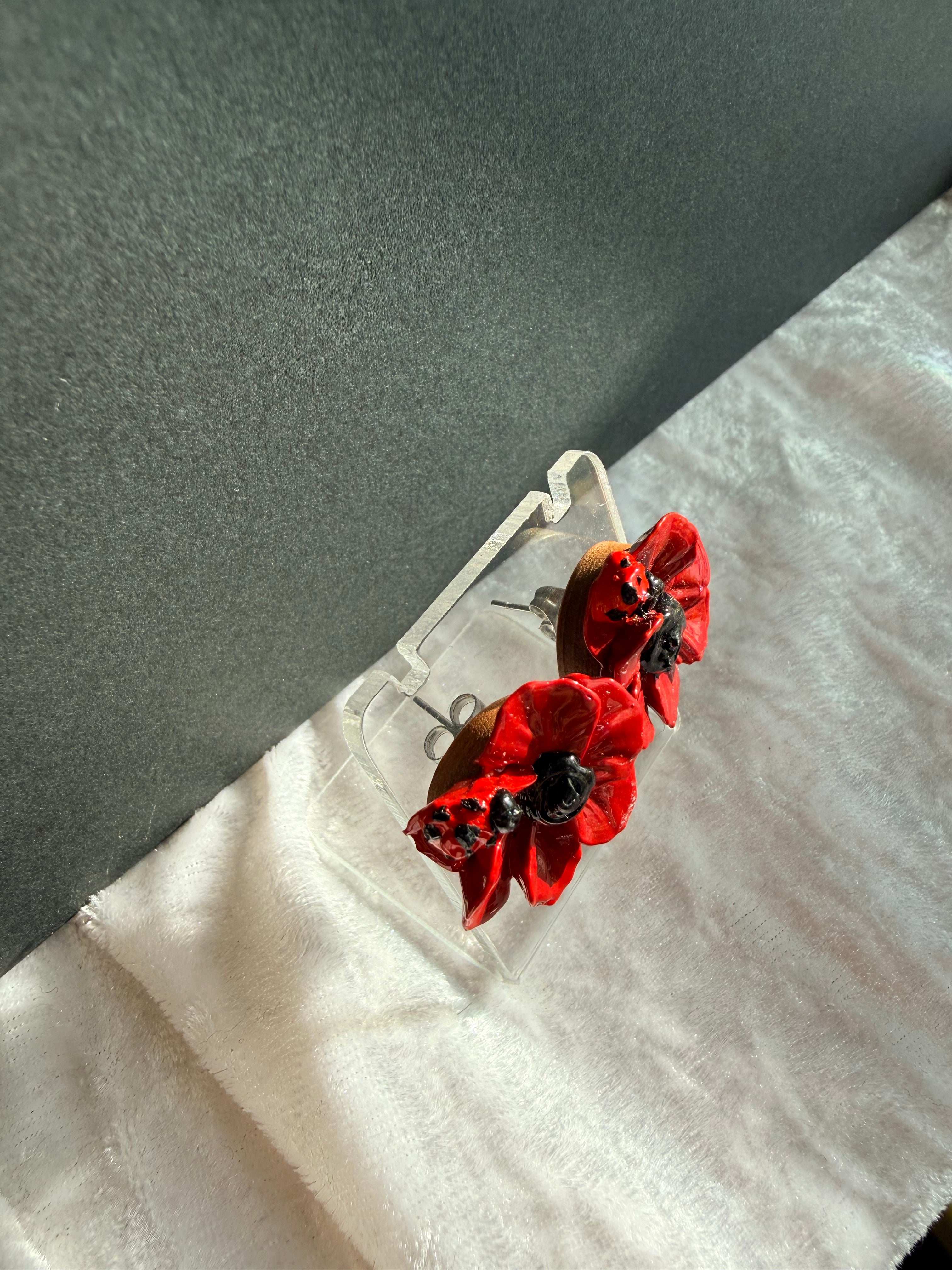 Little Reds with Ladybugs Floral Sculpture Earrings