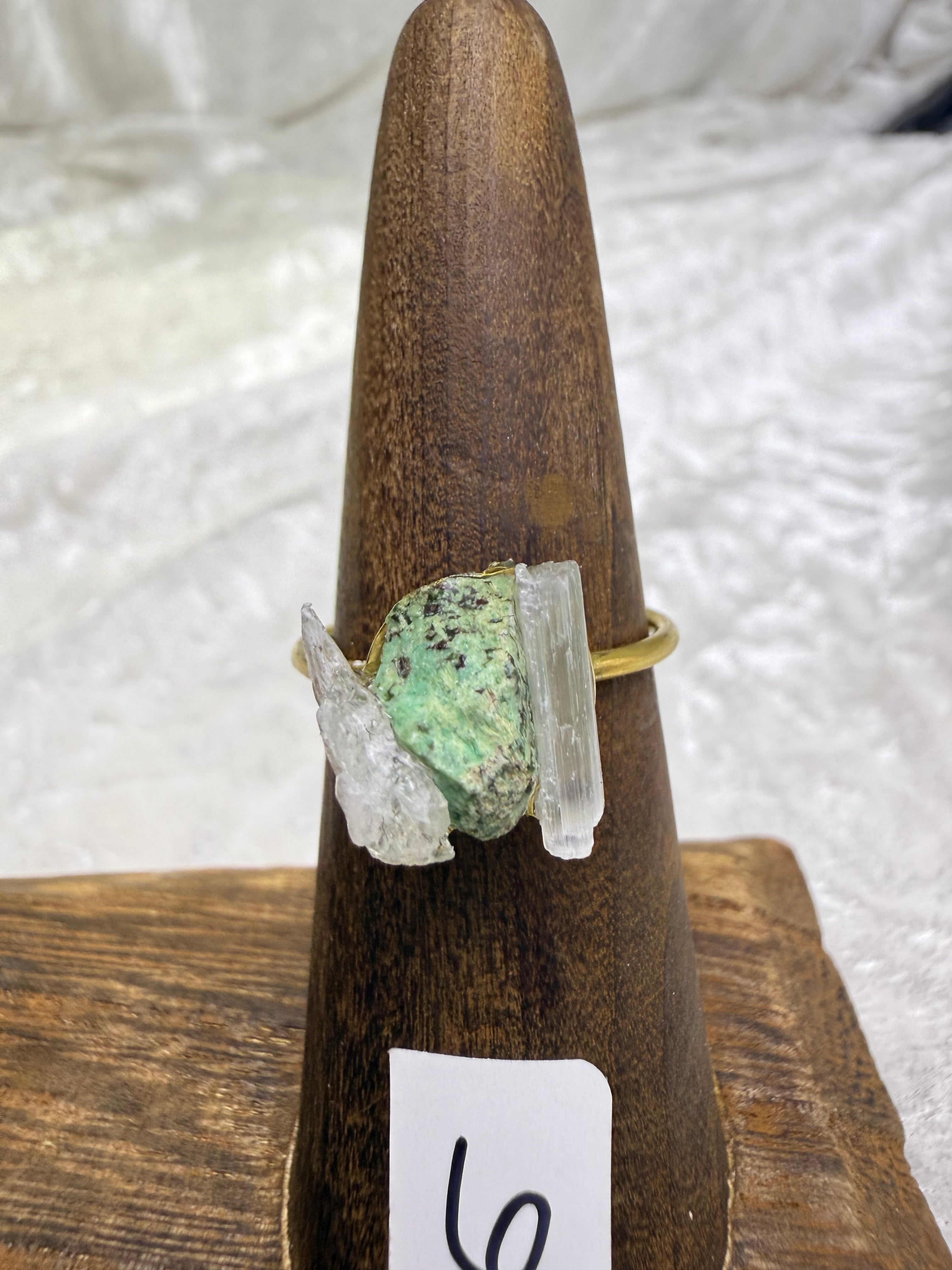 One-of-a-Kind Three Stone Raw Turquoise & Selenite Ring | Handmade Adjustable Hypoallergenic Crystal Jewelry