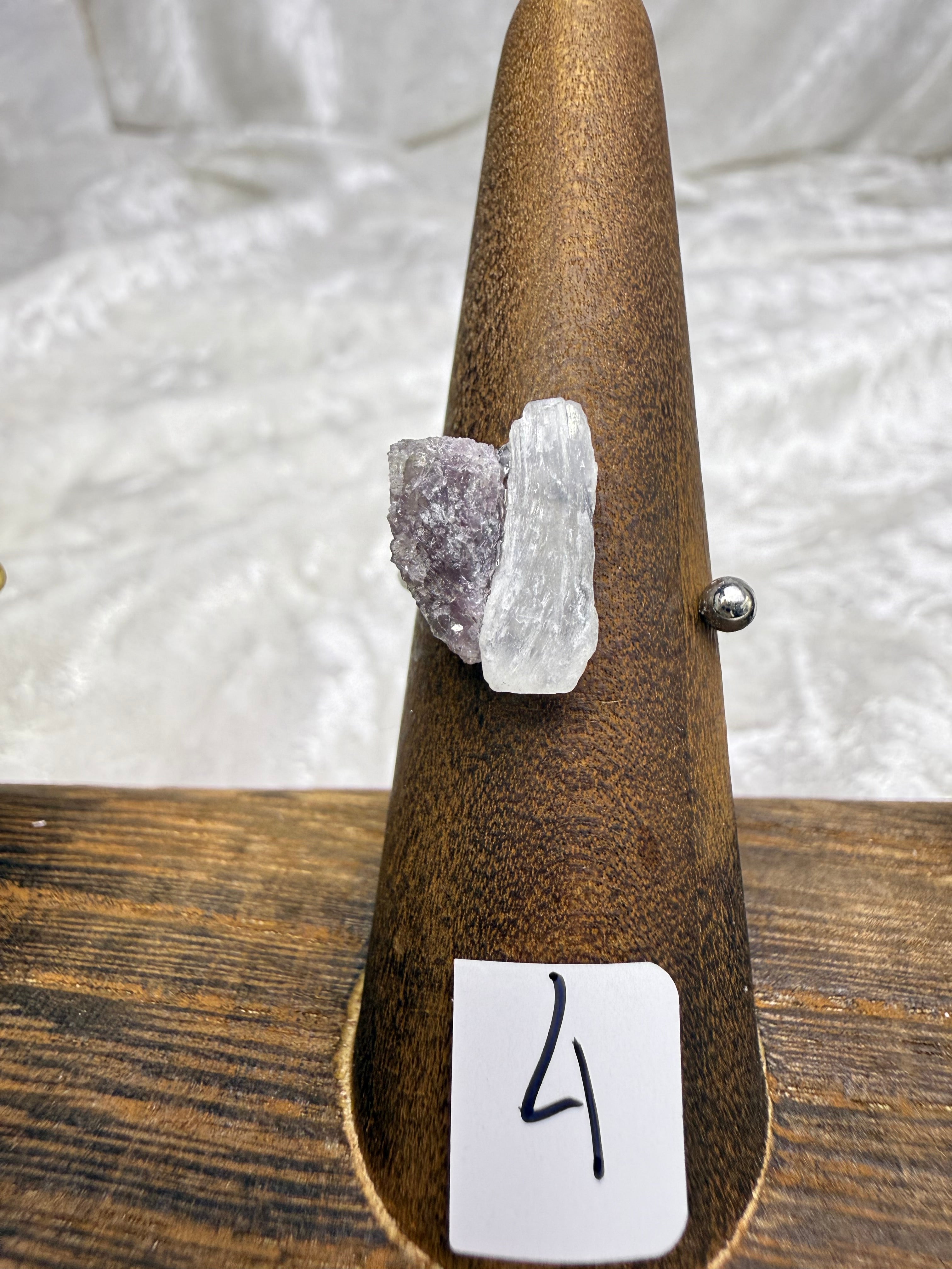One-of-a-Kind Multi Stone Raw Lepidolite & Selenite Ring | Handmade Adjustable Hypoallergenic Crystal Jewelry